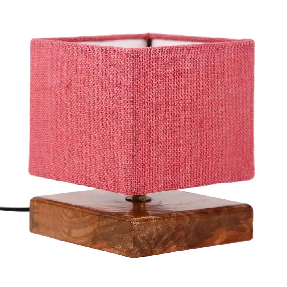 Square Maroon Jute Shade Table Lamp with Wood Base Single Piece