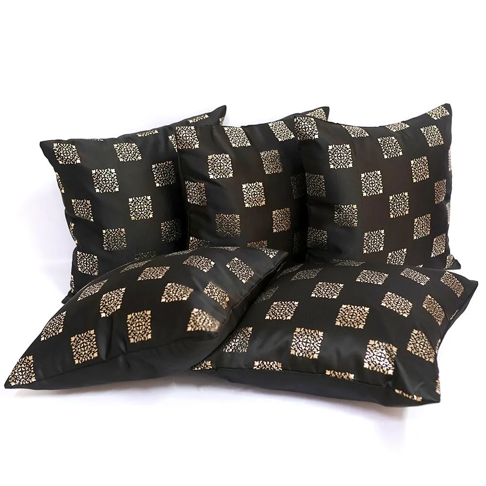 Square Motif Black Satin Cushion Cover Set of 5