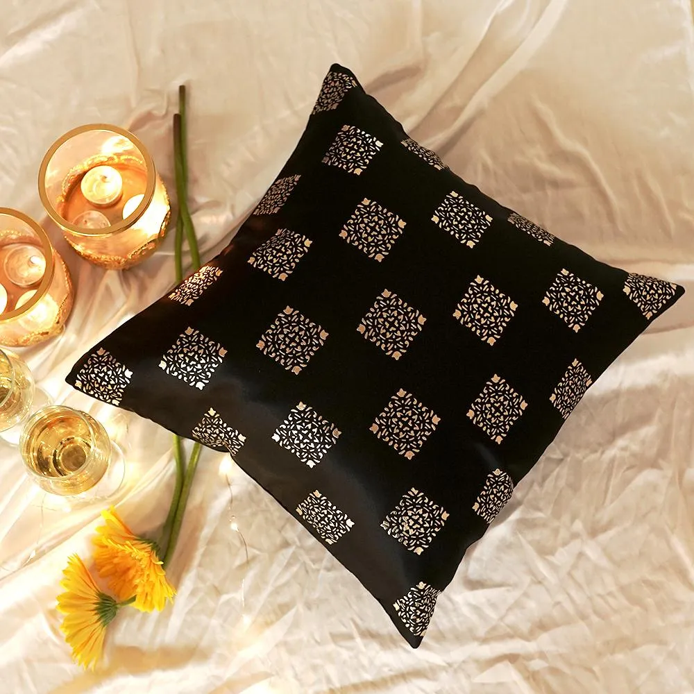 Square Motif Black Satin Cushion Cover Set of 5