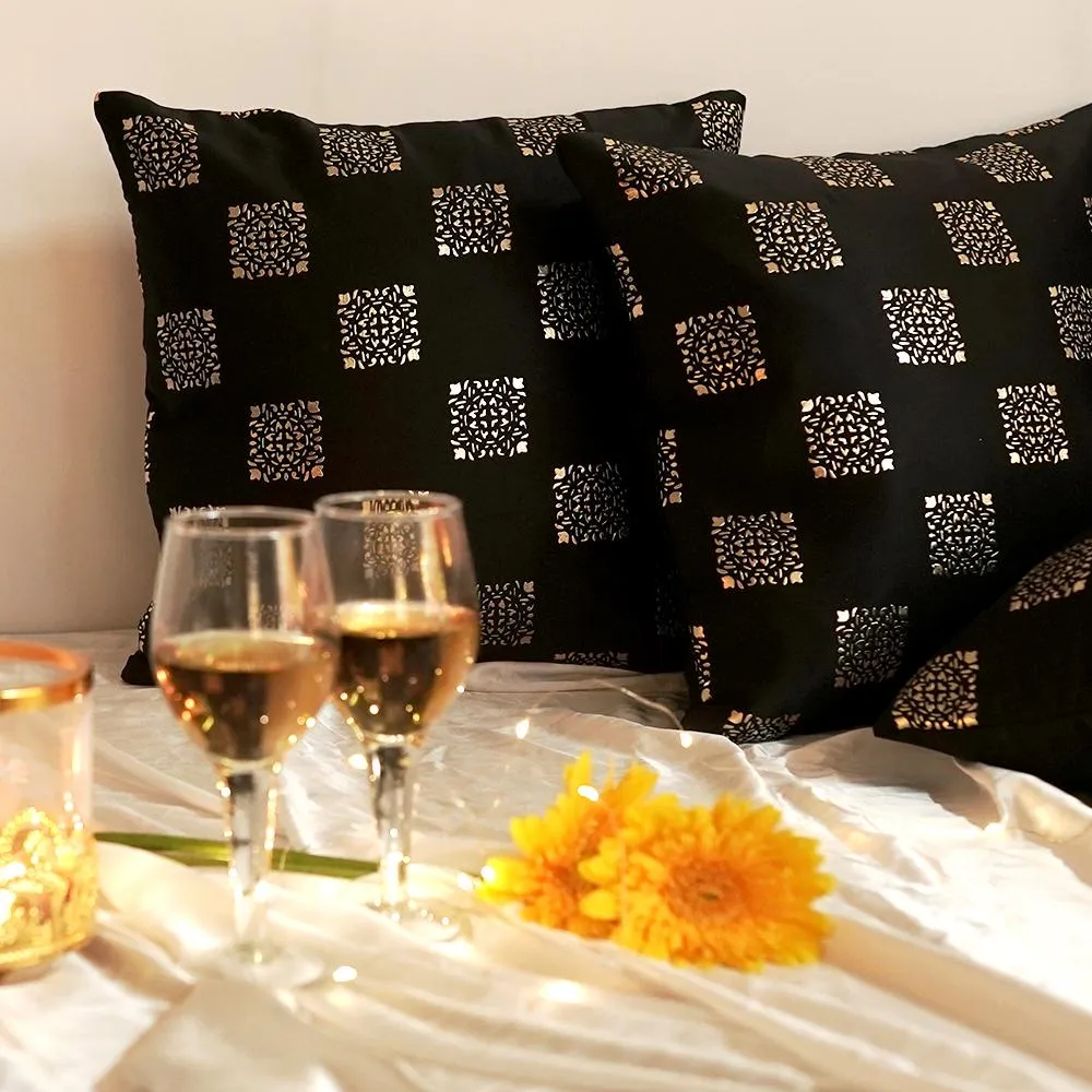 Square Motif Black Satin Cushion Cover Set of 5