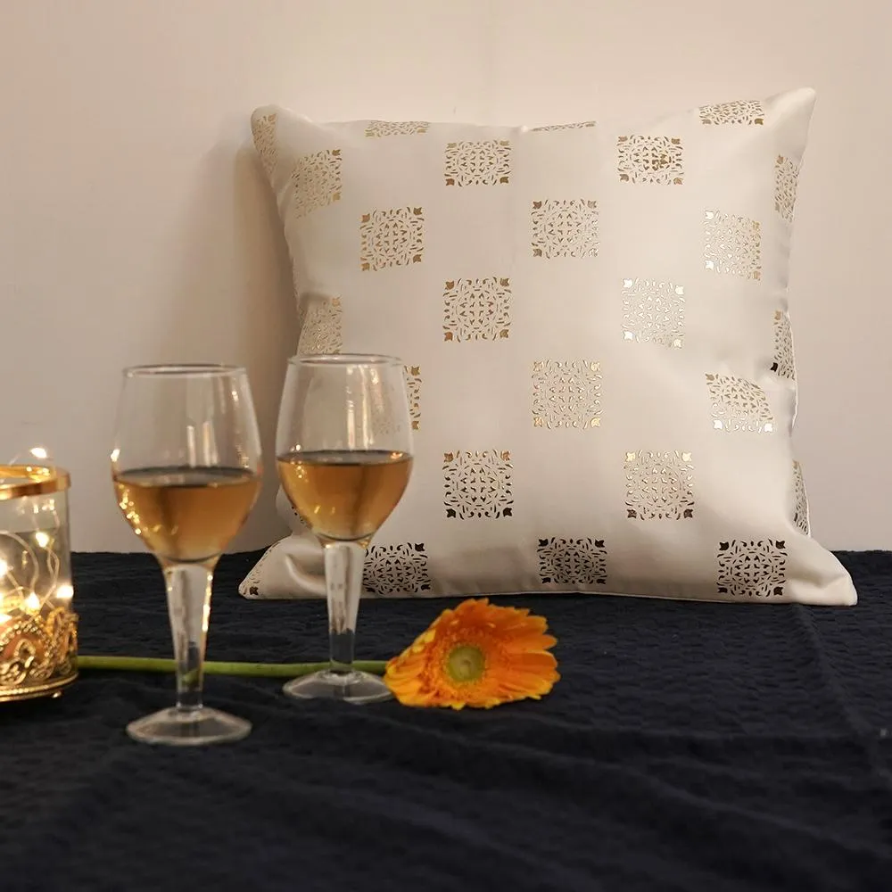 Square Motif White Satin Cushion Cover Set of 5