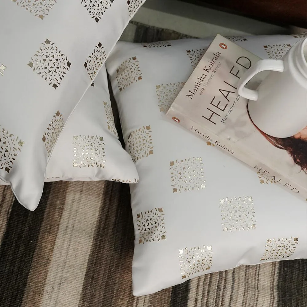 Square Motif White Satin Cushion Cover Set of 5