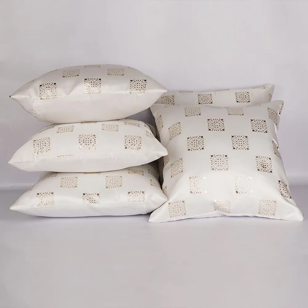 Square Motif White Satin Cushion Cover Set of 5