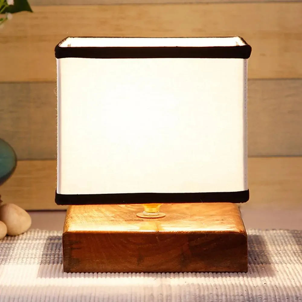 Square Multicolor Cotton Shade Table Lamp with Wood Base Single Piece