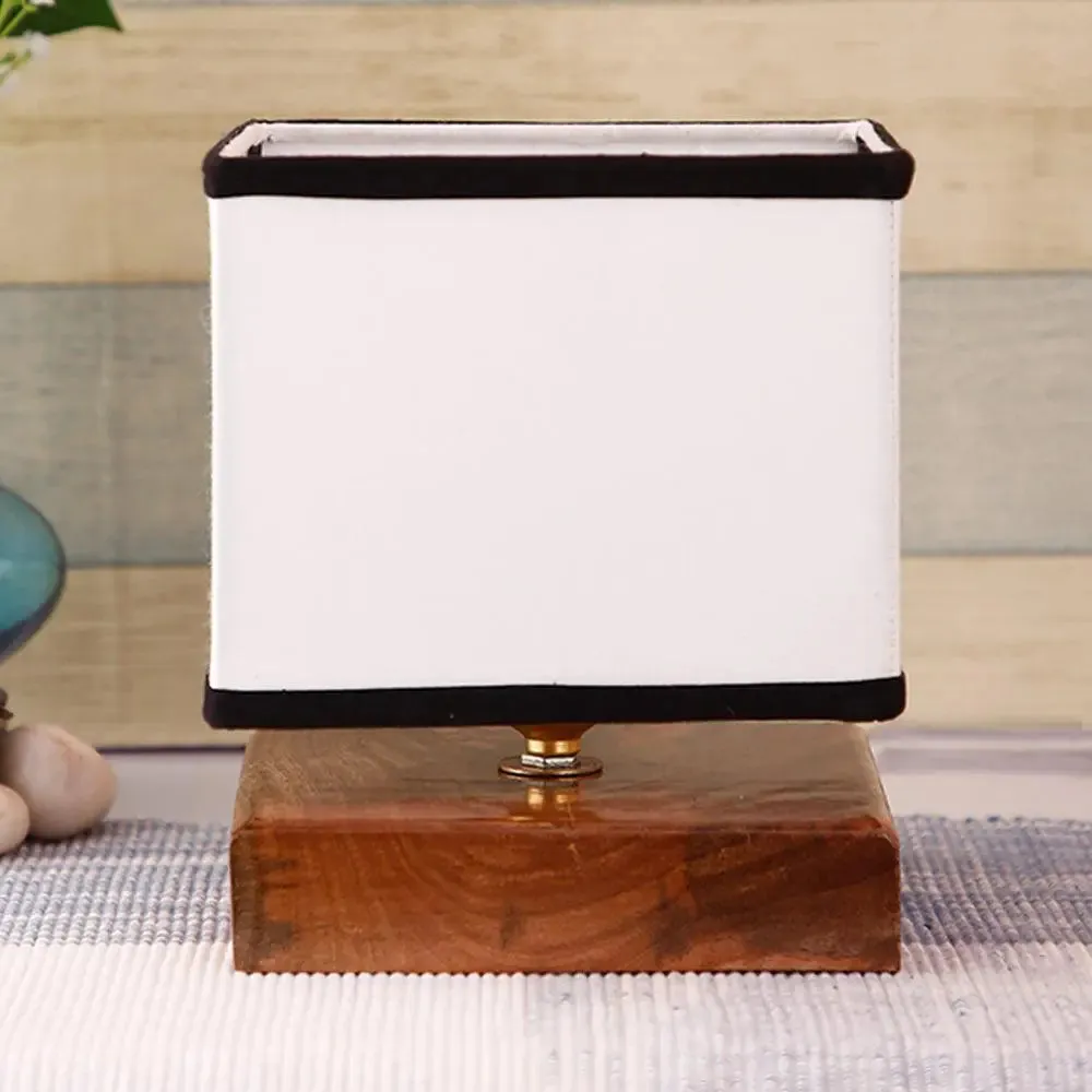 Square Multicolor Cotton Shade Table Lamp with Wood Base Single Piece