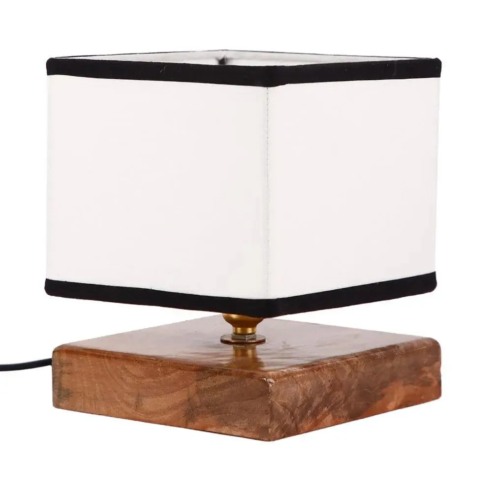 Square Multicolor Cotton Shade Table Lamp with Wood Base Single Piece