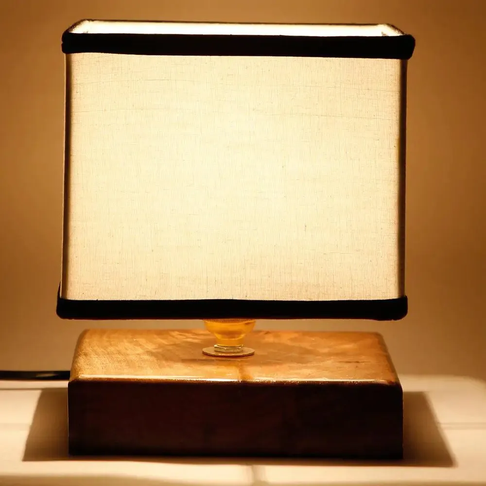 Square Multicolor Cotton Shade Table Lamp with Wood Base Single Piece