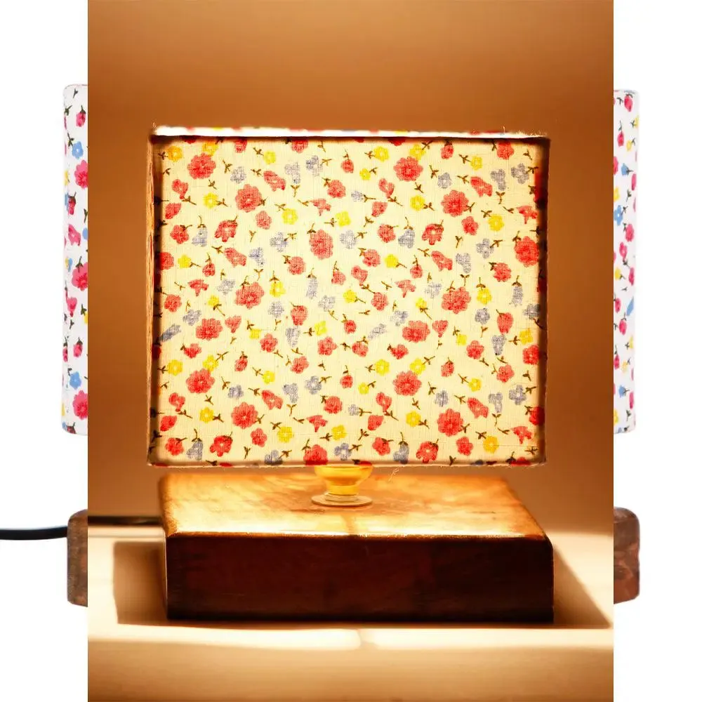 Square Multicolor Dotted Cotton Shade Table Lamp with Wood Base