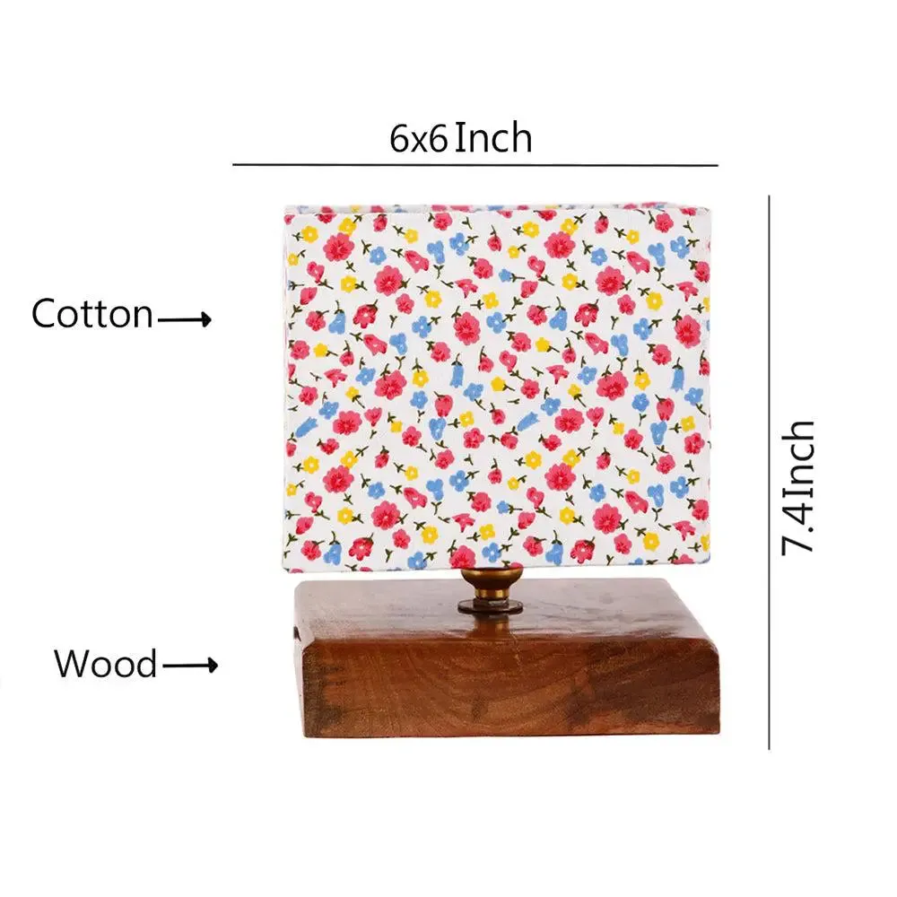 Square Multicolor Dotted Cotton Shade Table Lamp with Wood Base