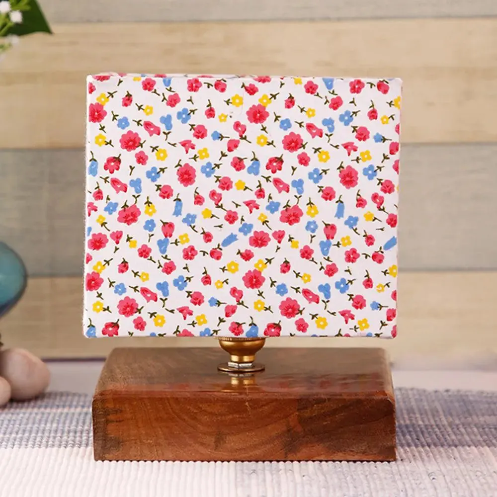 Square Multicolor Dotted Cotton Shade Table Lamp with Wood Base