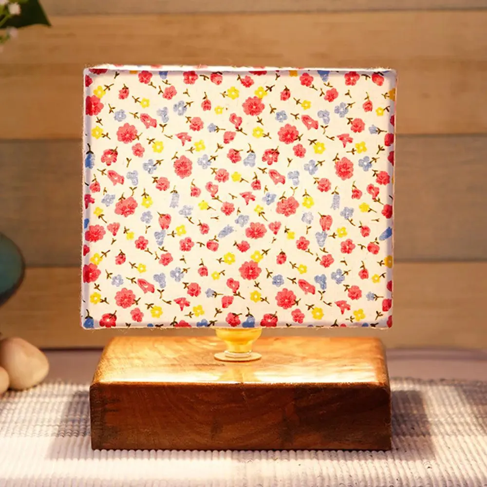 Square Multicolor Dotted Cotton Shade Table Lamp with Wood Base