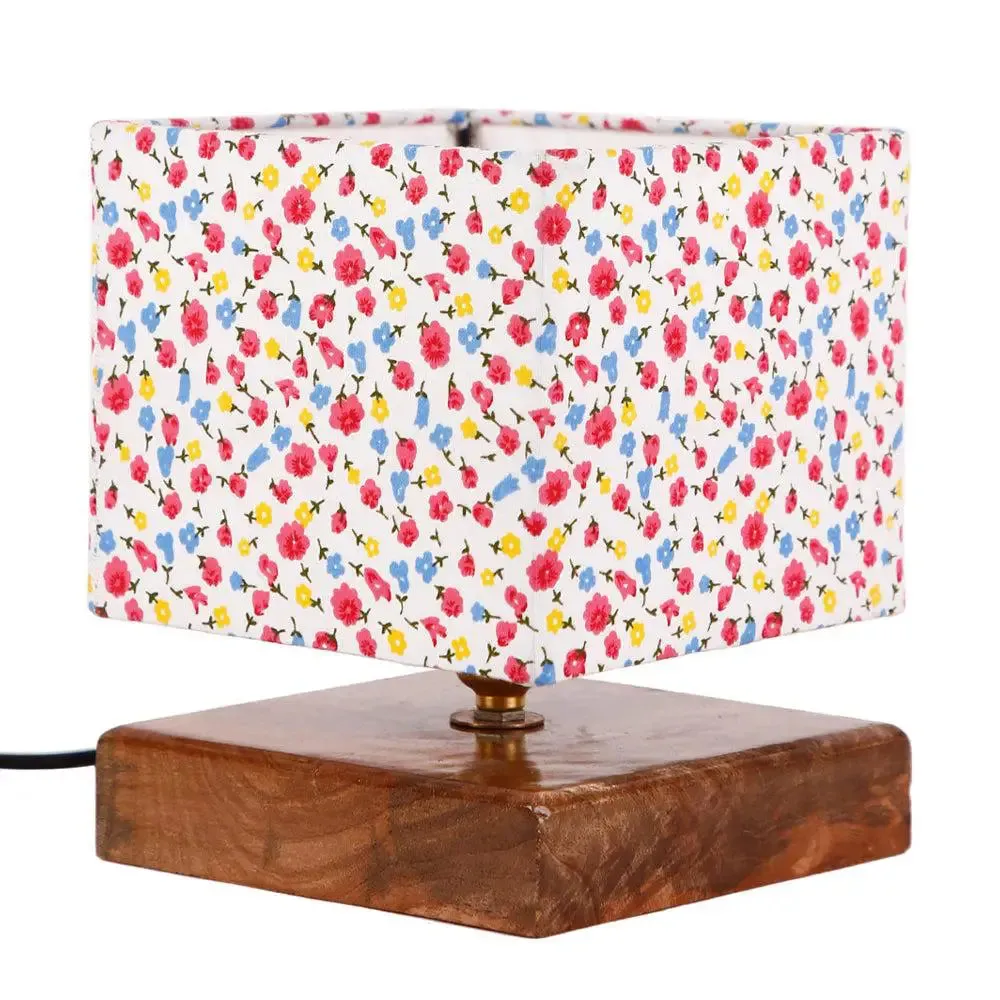 Square Multicolor Dotted Cotton Shade Table Lamp with Wood Base