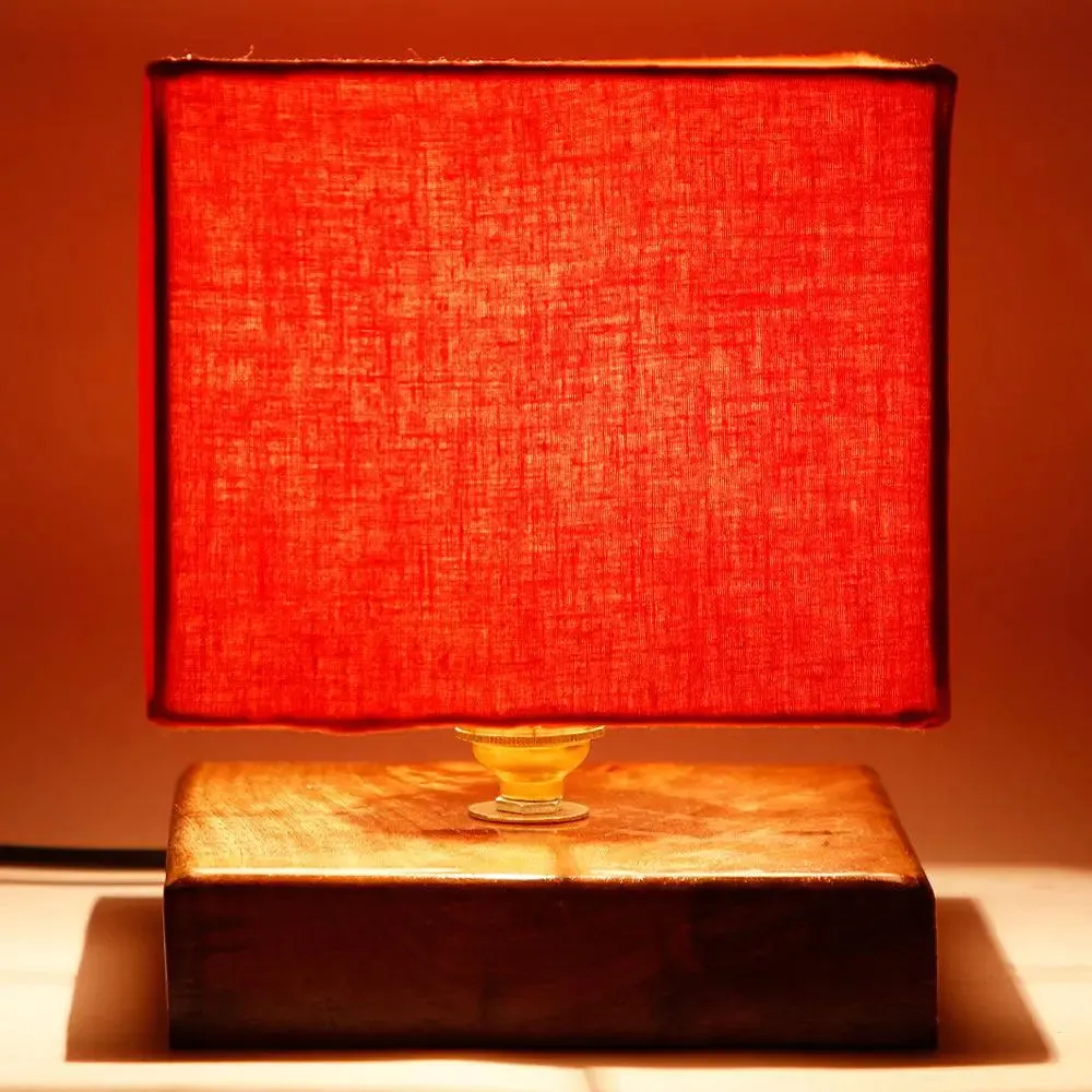 Square Orange Cotton Shade Table Lamp with Wood Base Single Piece