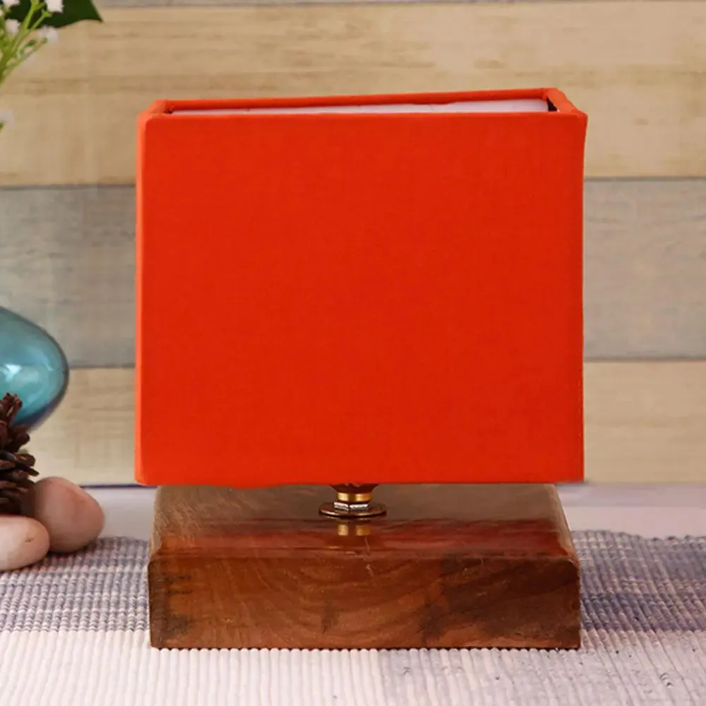 Square Orange Cotton Shade Table Lamp with Wood Base Single Piece