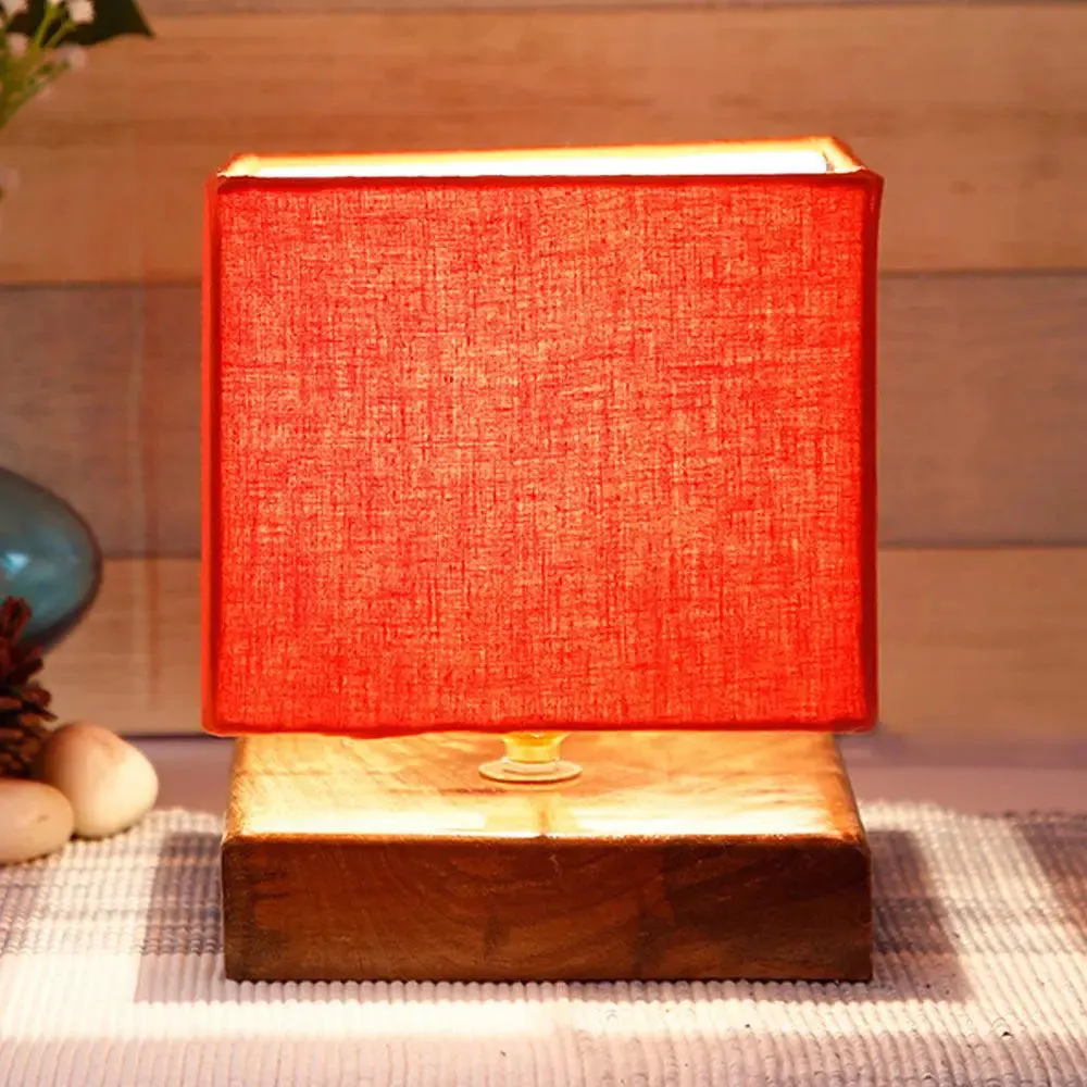 Square Orange Cotton Shade Table Lamp with Wood Base Single Piece
