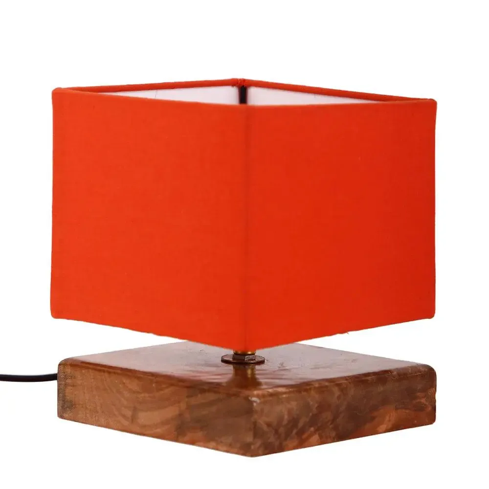 Square Orange Cotton Shade Table Lamp with Wood Base Single Piece