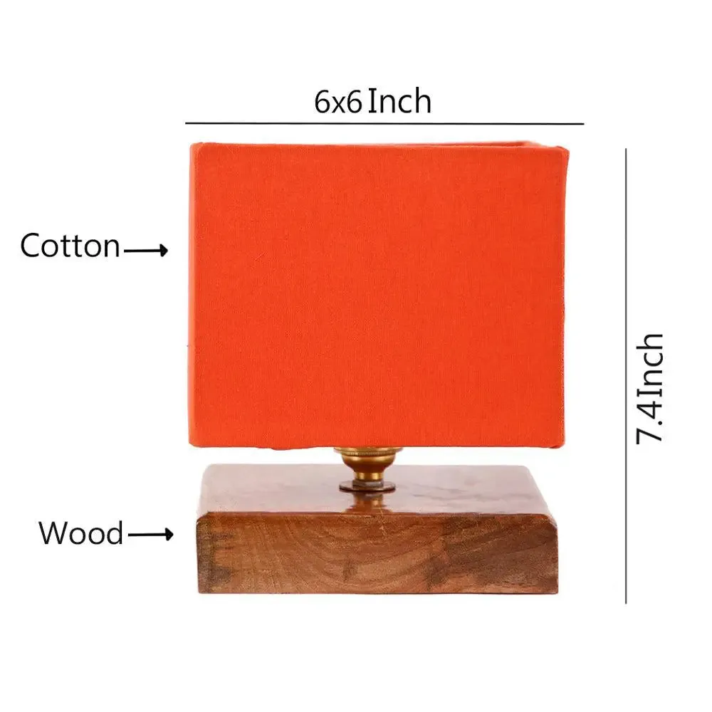 Square Orange Cotton Shade Table Lamp with Wood Base Single Piece
