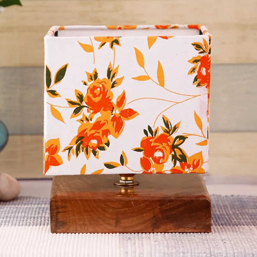 Square Orange Floral Cotton Shade Table Lamp with Wood Base Single Piece