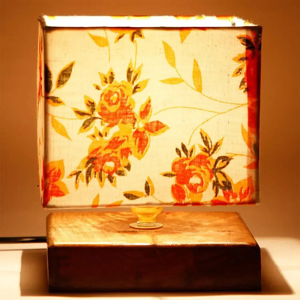 Square Orange Floral Cotton Shade Table Lamp with Wood Base Single Piece