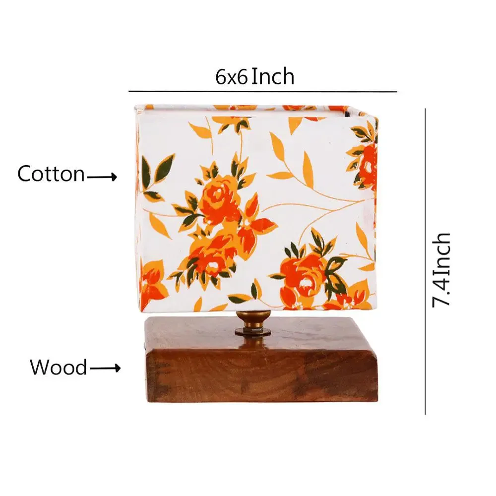 Square Orange Floral Cotton Shade Table Lamp with Wood Base Single Piece