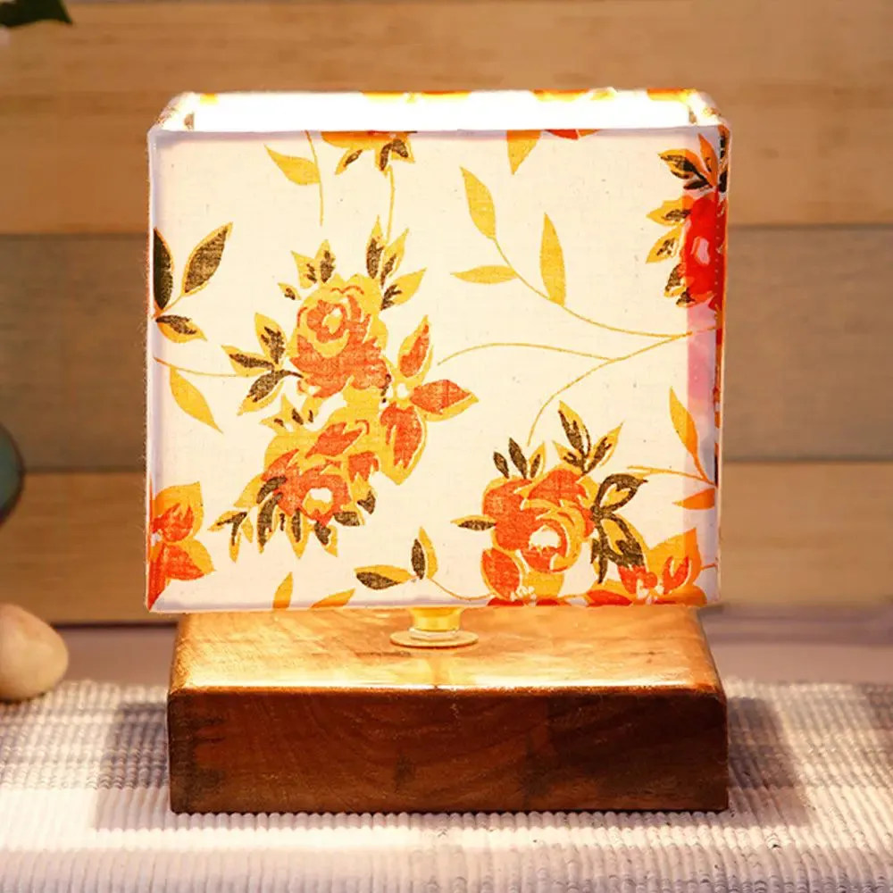 Square Orange Floral Cotton Shade Table Lamp with Wood Base Single Piece