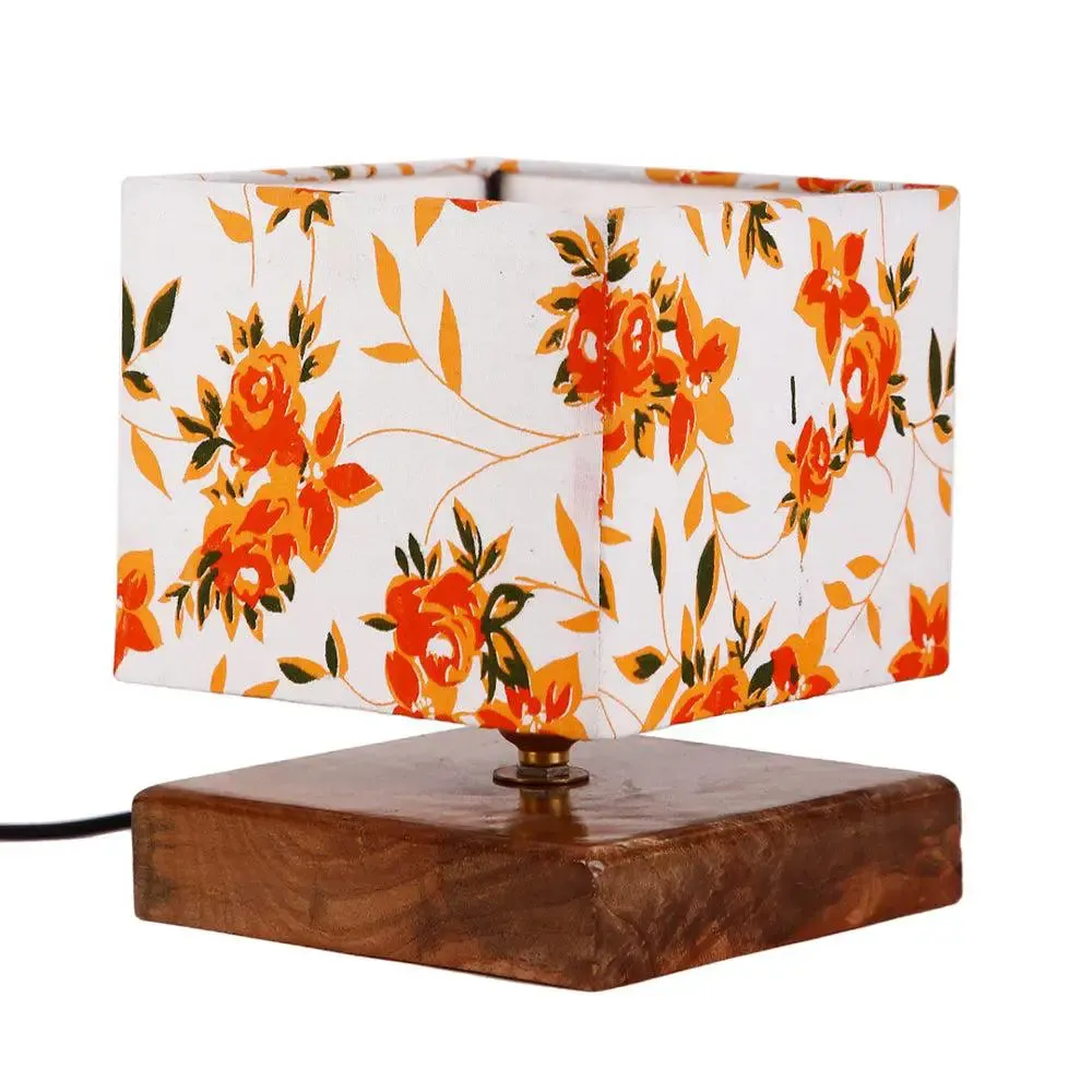 Square Orange Floral Cotton Shade Table Lamp with Wood Base Single Piece