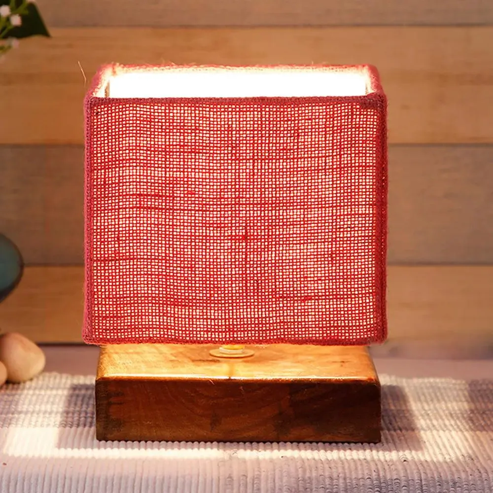 Square Pink Jute Shade Table Lamp with Wood Base Single Piece