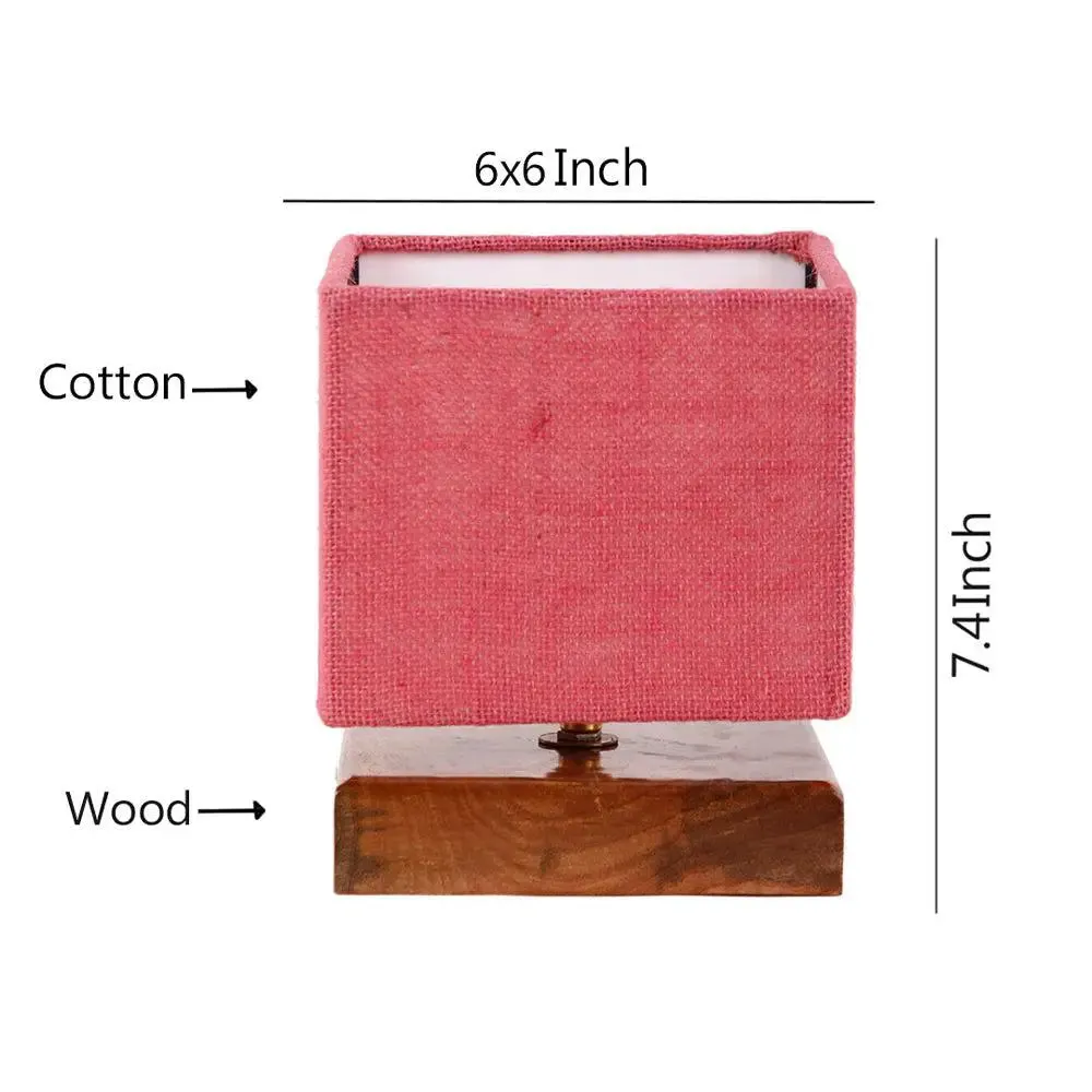Square Pink Jute Shade Table Lamp with Wood Base Single Piece