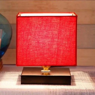 Square Red Cotton Shade Table Lamp with Iron Base