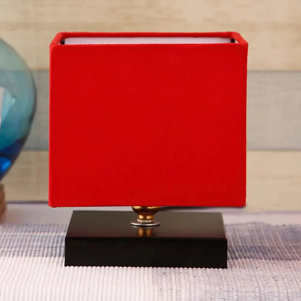 Square Red Cotton Shade Table Lamp with Iron Base Single Piece