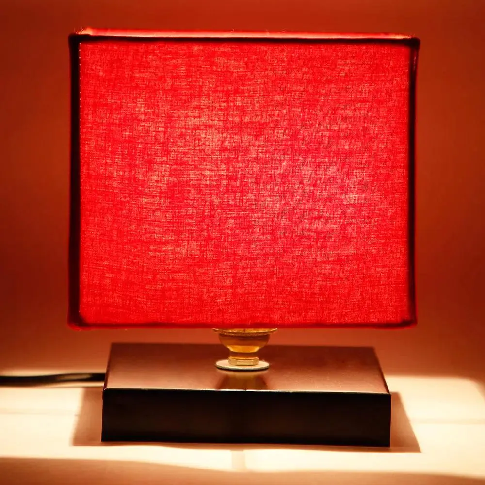 Square Red Cotton Shade Table Lamp with Iron Base Single Piece