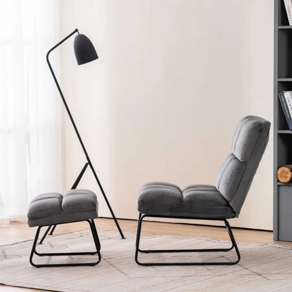 Square Tufted Grey Velvet Chair With Footrest