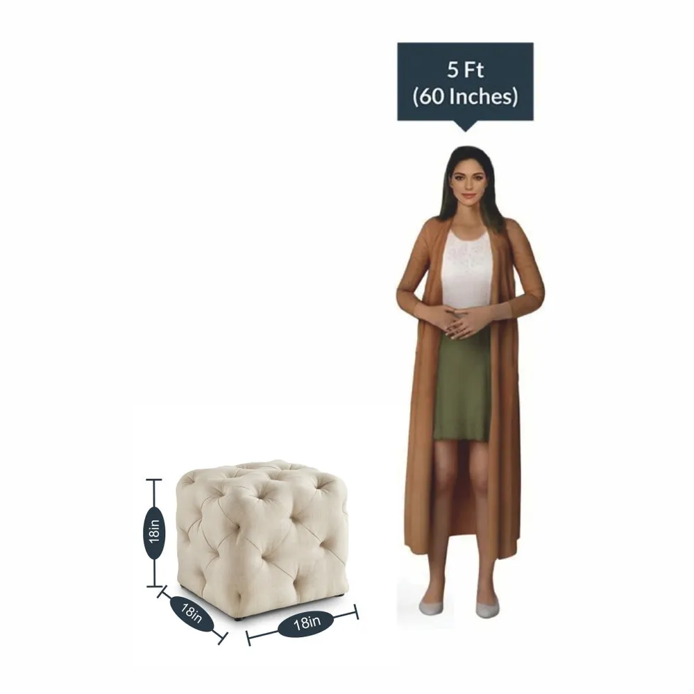 Square Velvet Tufted Solid Puffy Stool In Beige Single Piece