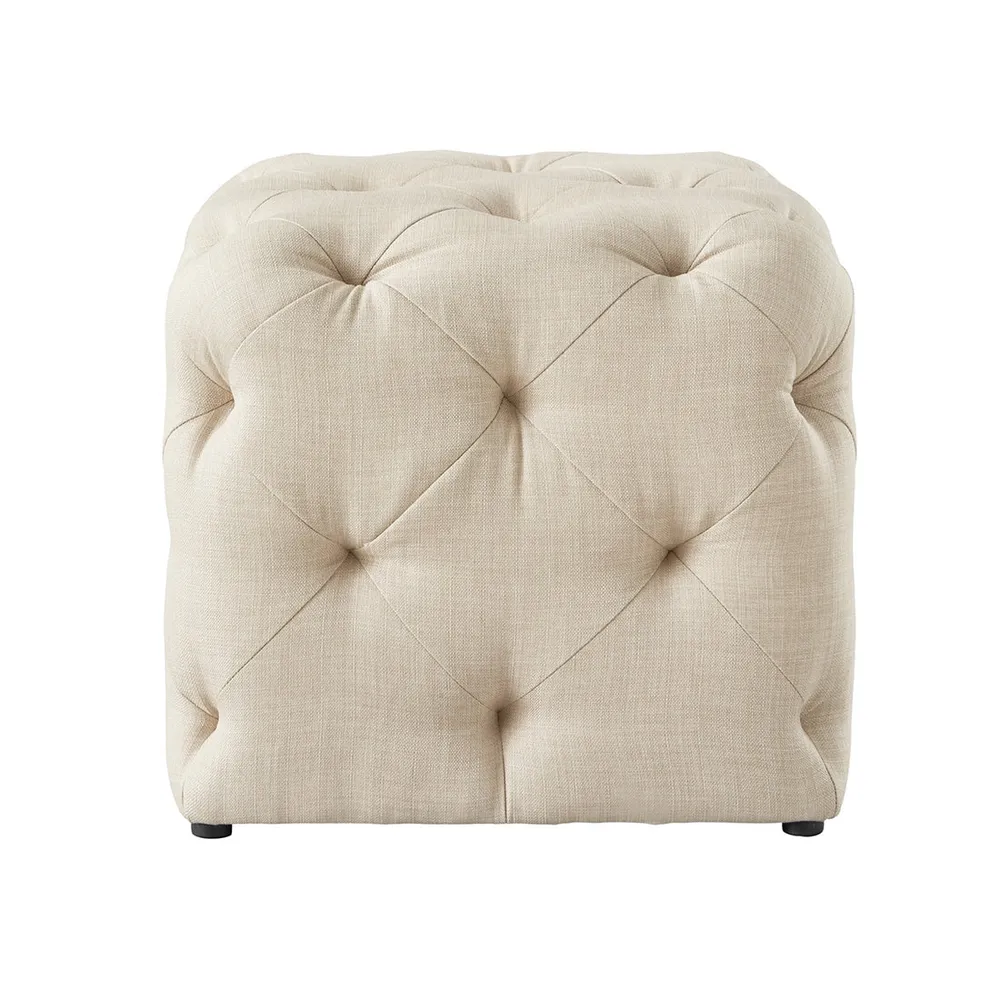 Square Velvet Tufted Solid Puffy Stool In Beige Single Piece