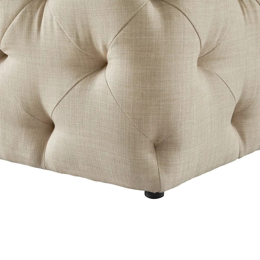 Square Velvet Tufted Solid Puffy Stool In Beige Single Piece