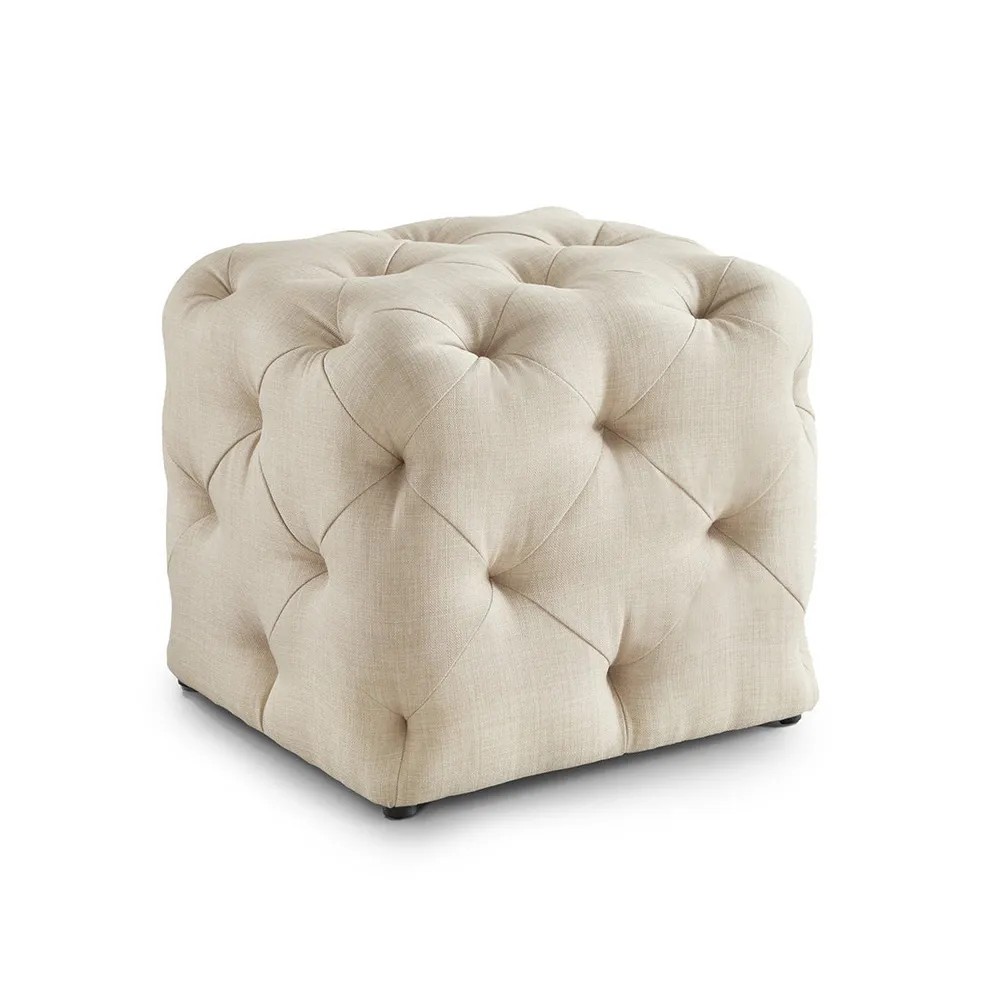Square Velvet Tufted Solid Puffy Stool In Beige Single Piece