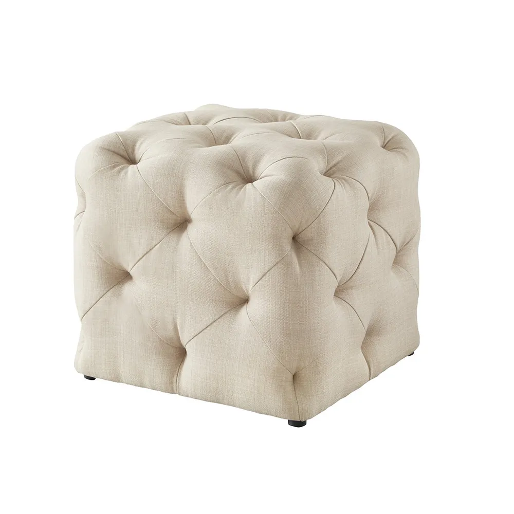 Square Velvet Tufted Solid Puffy Stool In Beige Single Piece