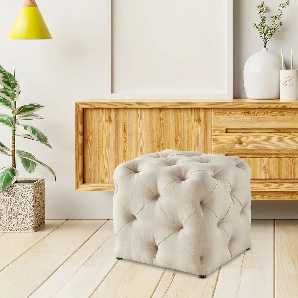 Square Velvet Tufted Solid Puffy Stool In Beige Single Piece