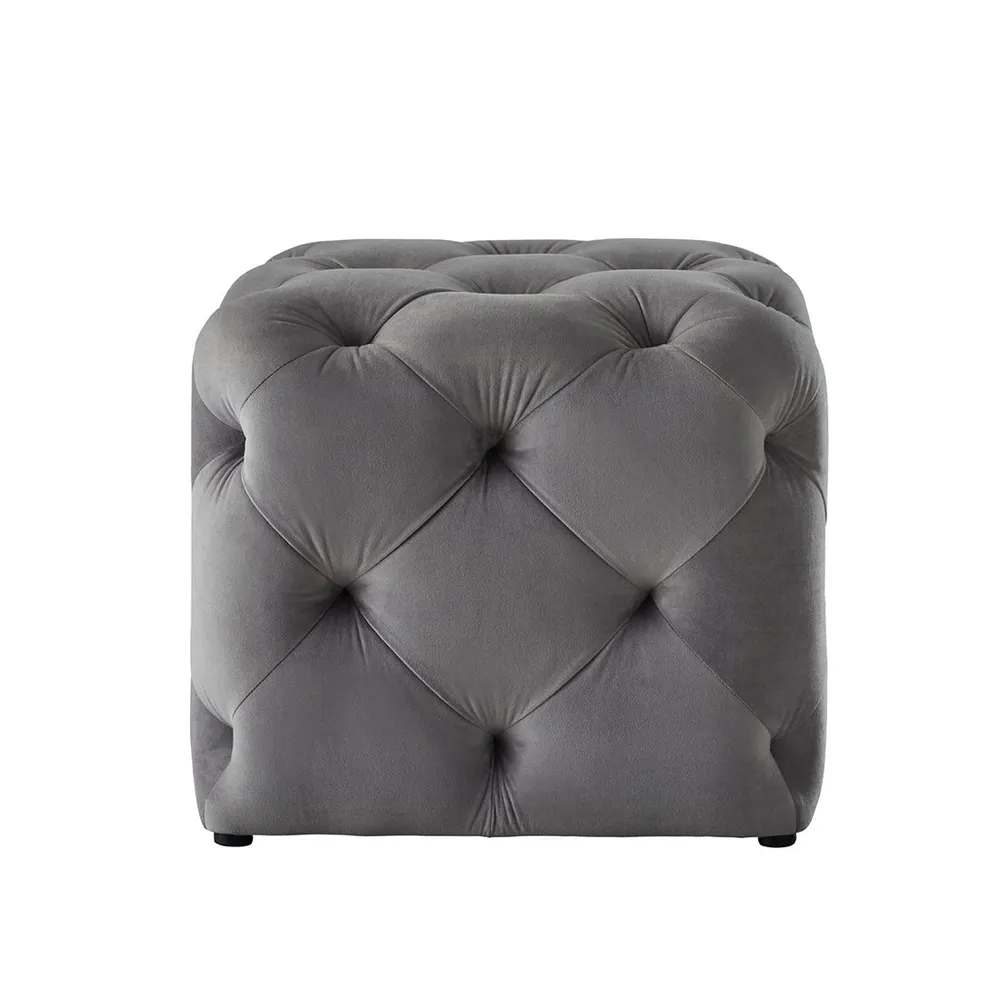 Square Velvet Tufted Solid Puffy Stool In Grey Single Piece