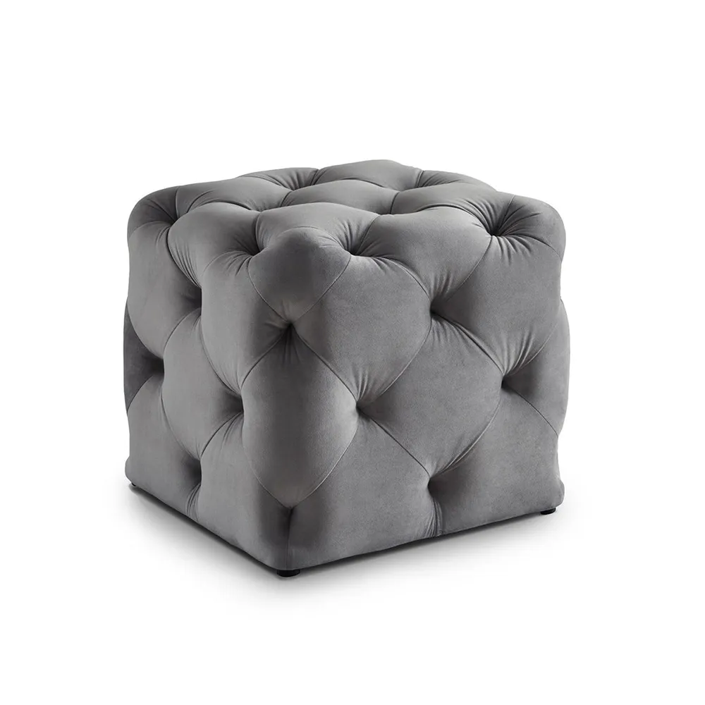 Square Velvet Tufted Solid Puffy Stool In Grey Single Piece