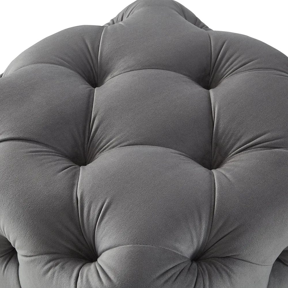 Square Velvet Tufted Solid Puffy Stool In Grey Single Piece