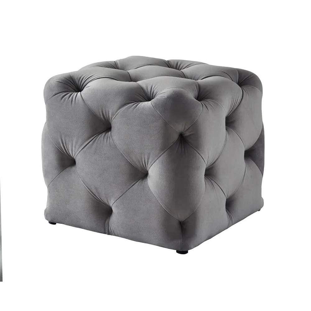Square Velvet Tufted Solid Puffy Stool In Grey Single Piece
