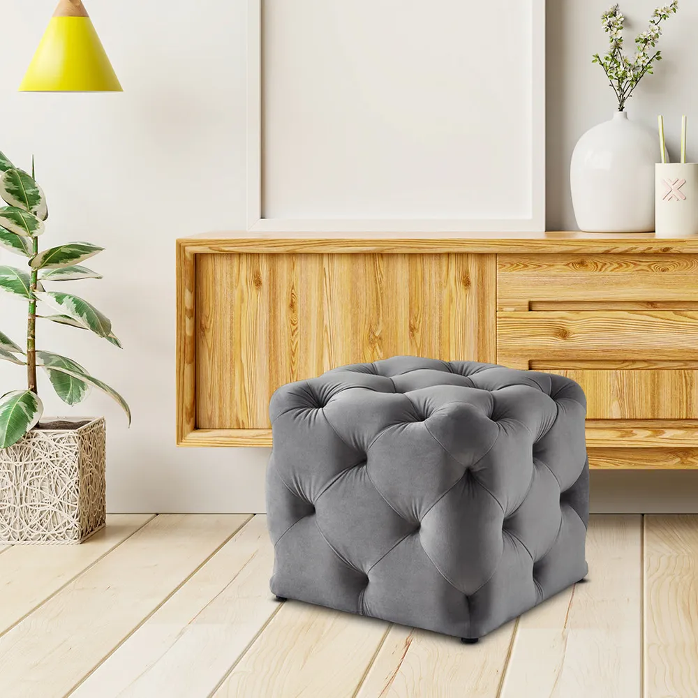 Square Velvet Tufted Solid Puffy Stool In Grey Single Piece