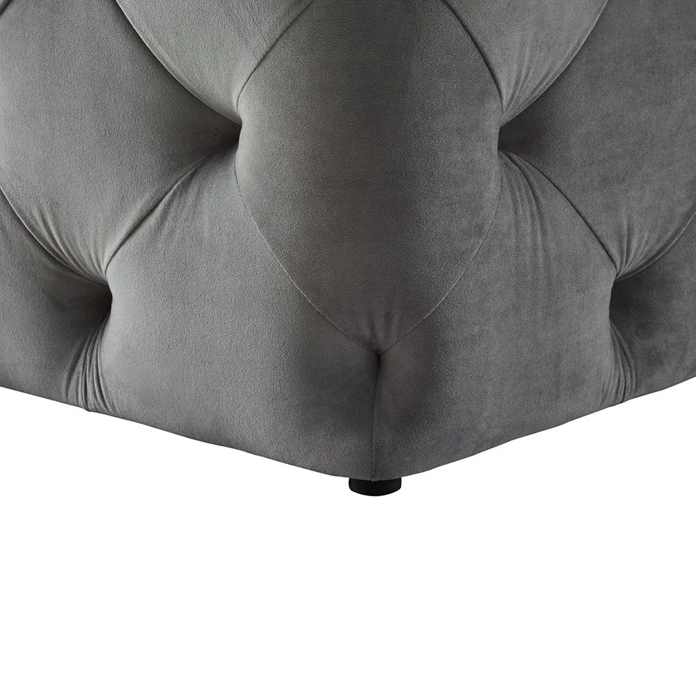 Square Velvet Tufted Solid Puffy Stool In Grey Single Piece