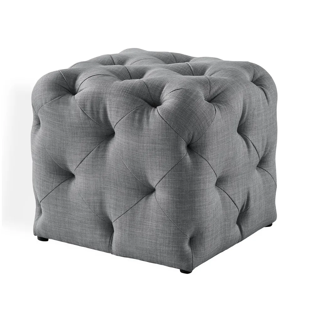 Square Velvet Tufted Solid Puffy Stool In Light Grey