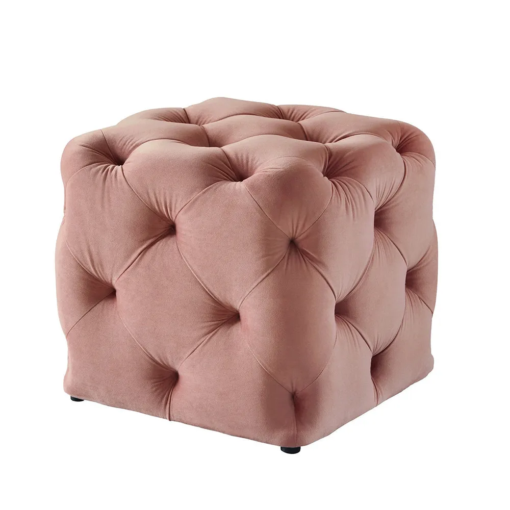 Square Velvet Tufted Solid Puffy Stool In Pink Single Piece