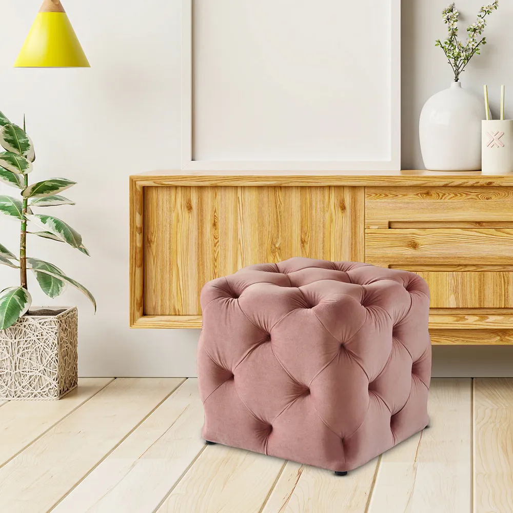 Square Velvet Tufted Solid Puffy Stool In Pink Single Piece