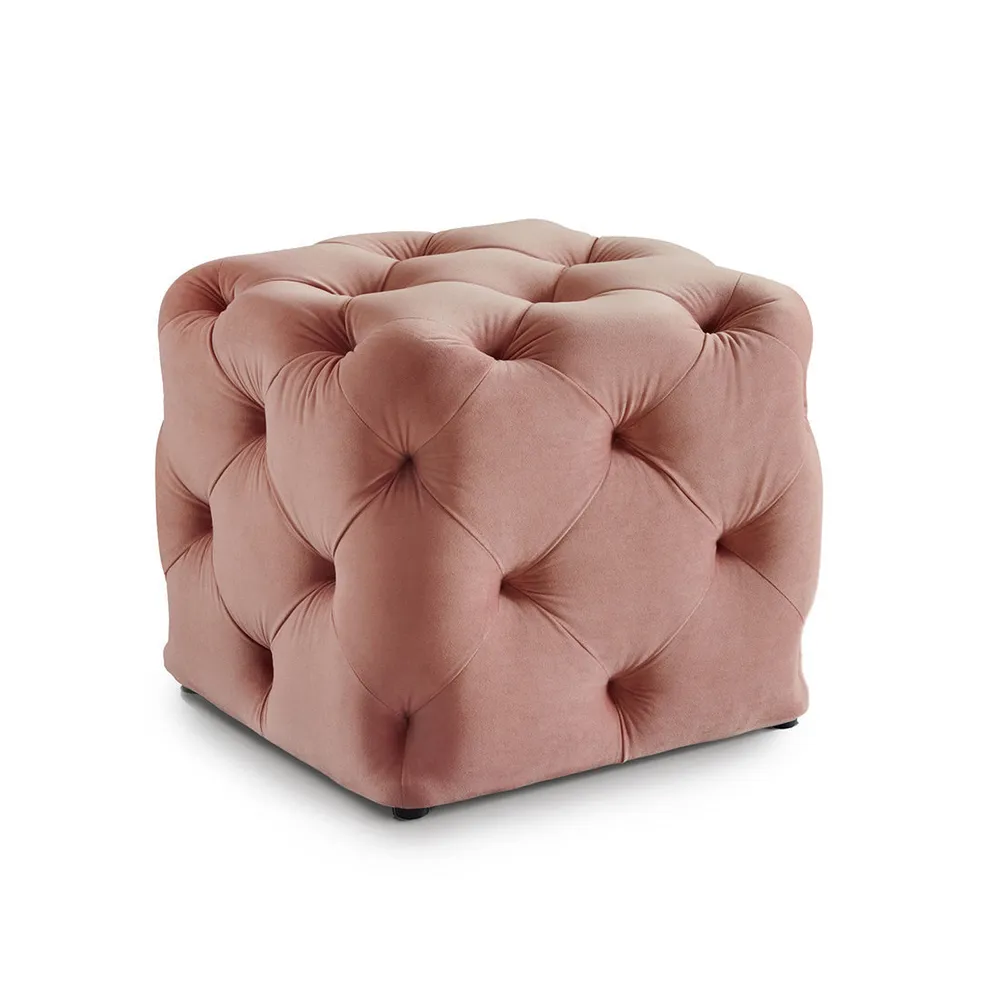 Square Velvet Tufted Solid Puffy Stool In Pink Single Piece