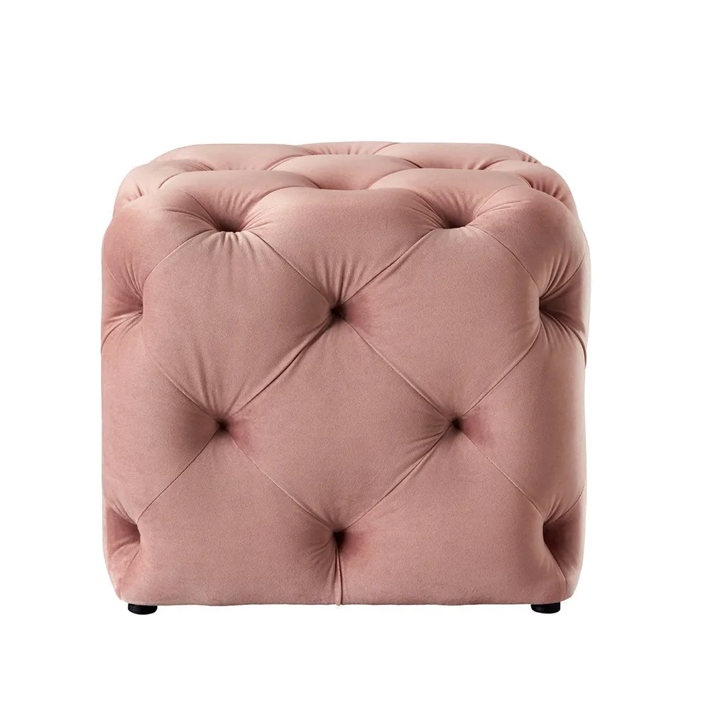 Square Velvet Tufted Solid Puffy Stool In Pink Single Piece