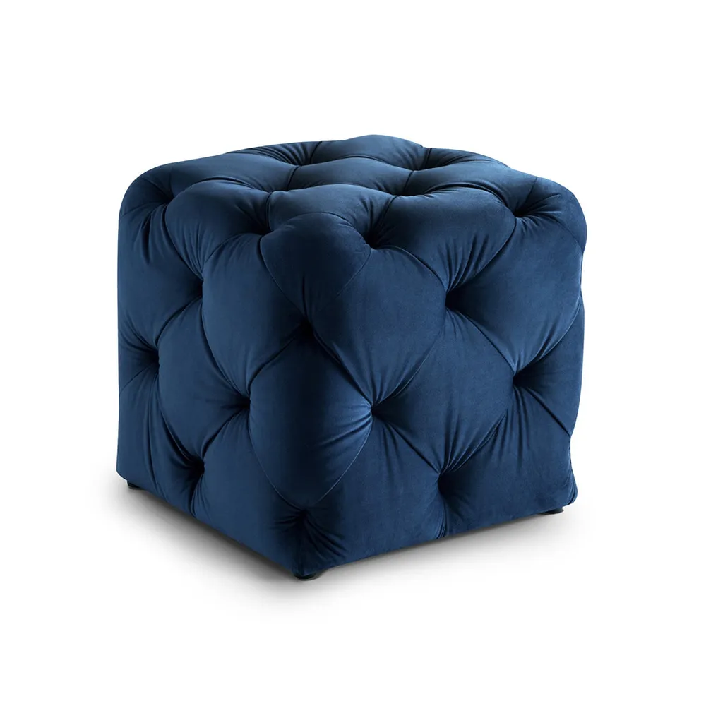 Square Velvet Tufted Solid Puffy Stool In Royal Blue Single Piece